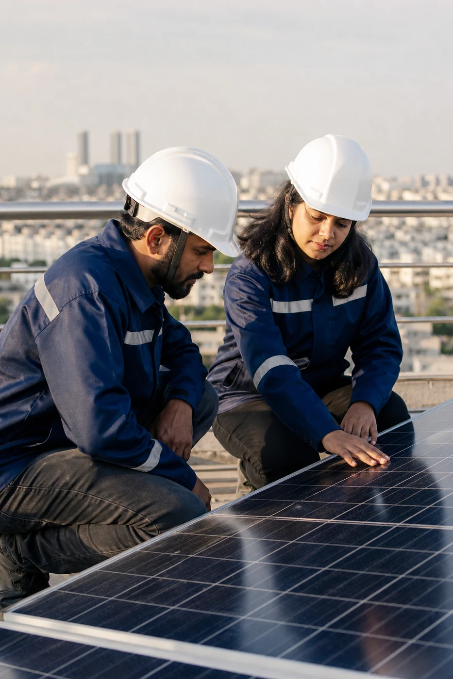 Saffron Eco Power team inspecting rooftop solar in India