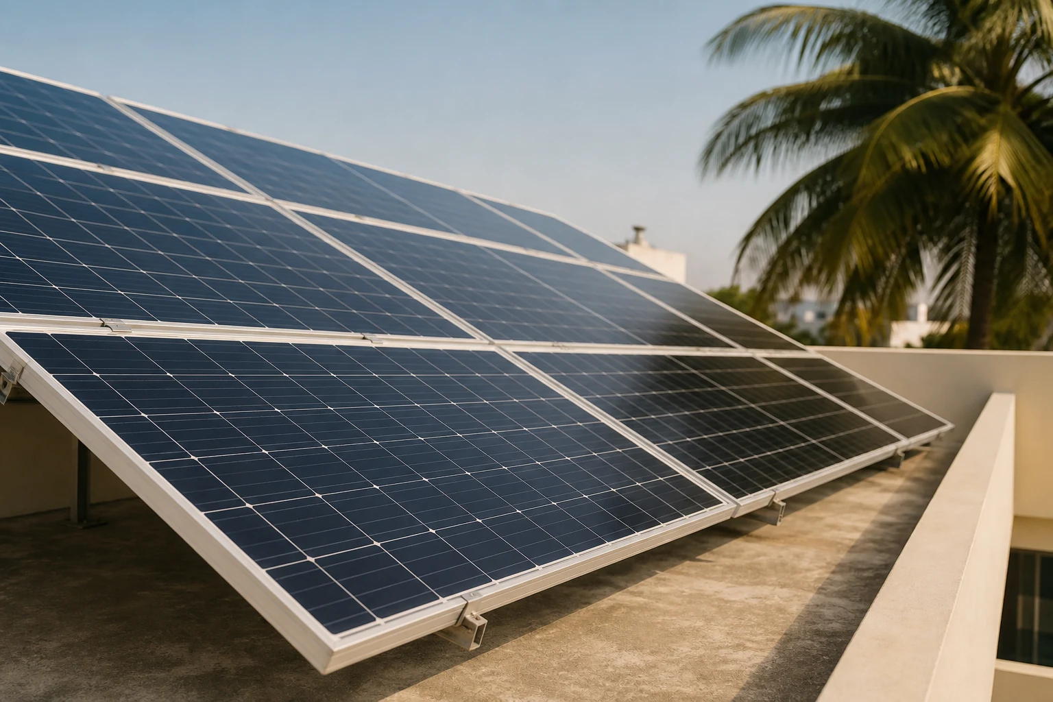 Solar panels on an Indian terrace rooftop