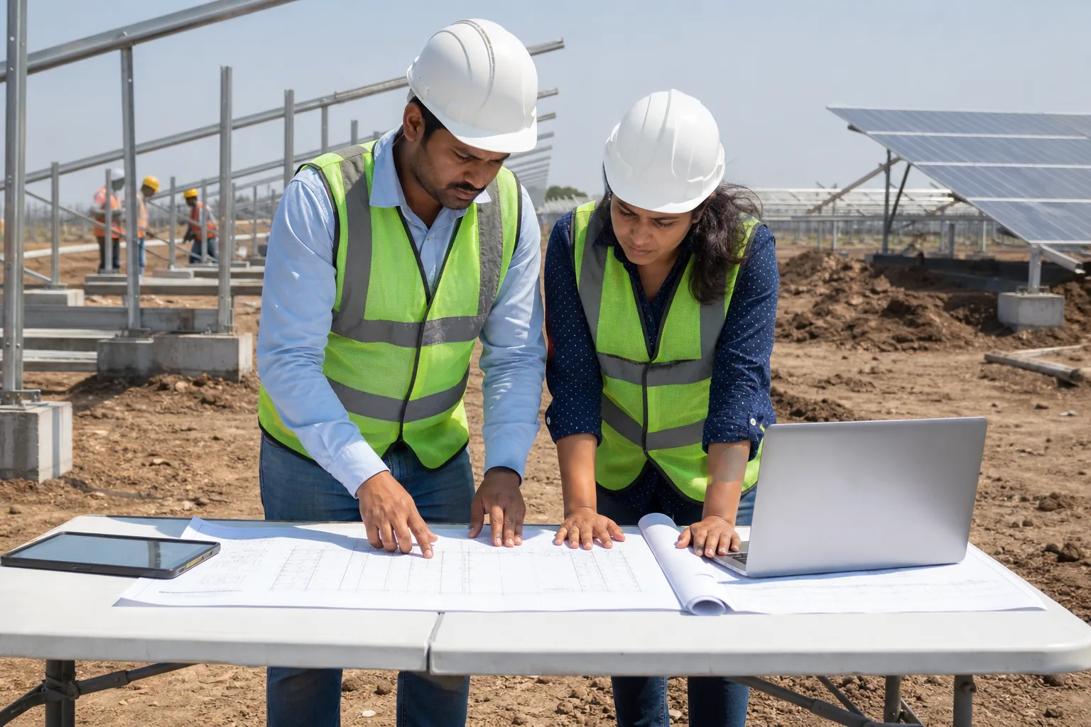 Indian engineers planning a solar EPC project on site