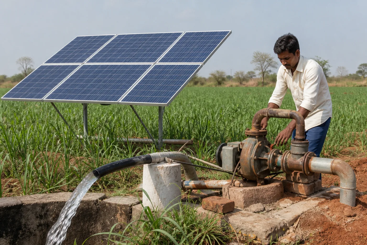 PM-KUSUM solar irrigation pump on an Indian farm