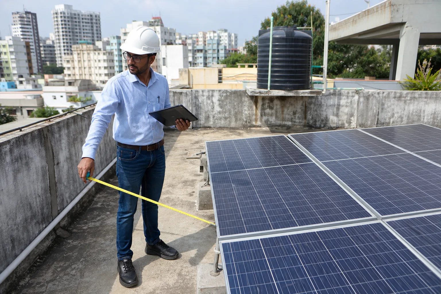 Engineer assessing off-grid solar capacity and battery backup needs