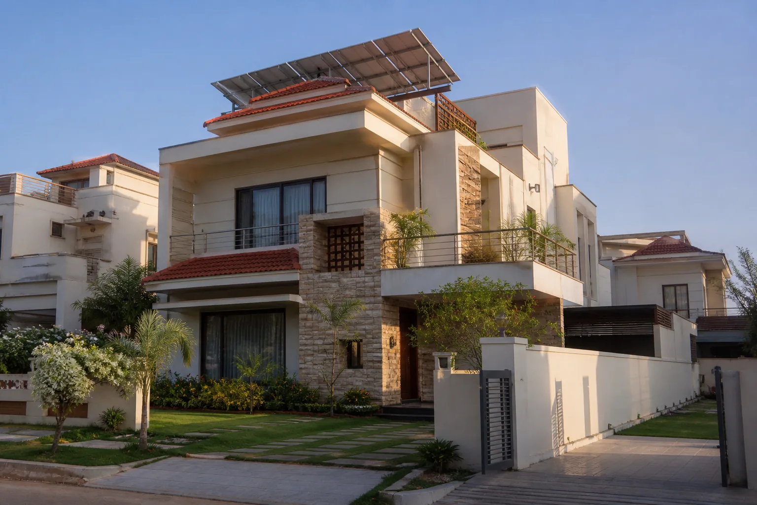Rooftop solar panels on an Indian independent house