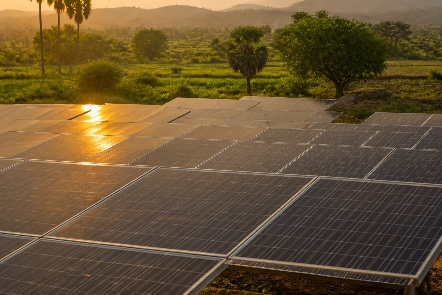 Solar farm across the Indian countryside
